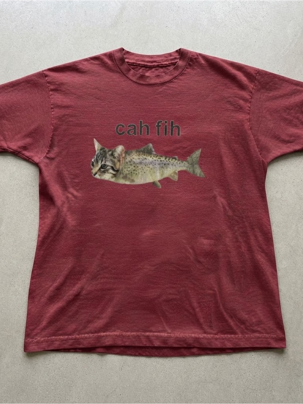 Funny Cat Fish Meme Graphic Print Maroon Cotton Gildan T-Shirt